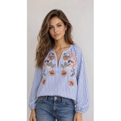 qnuz 9406 Boheme shirt w embrodery & stripes