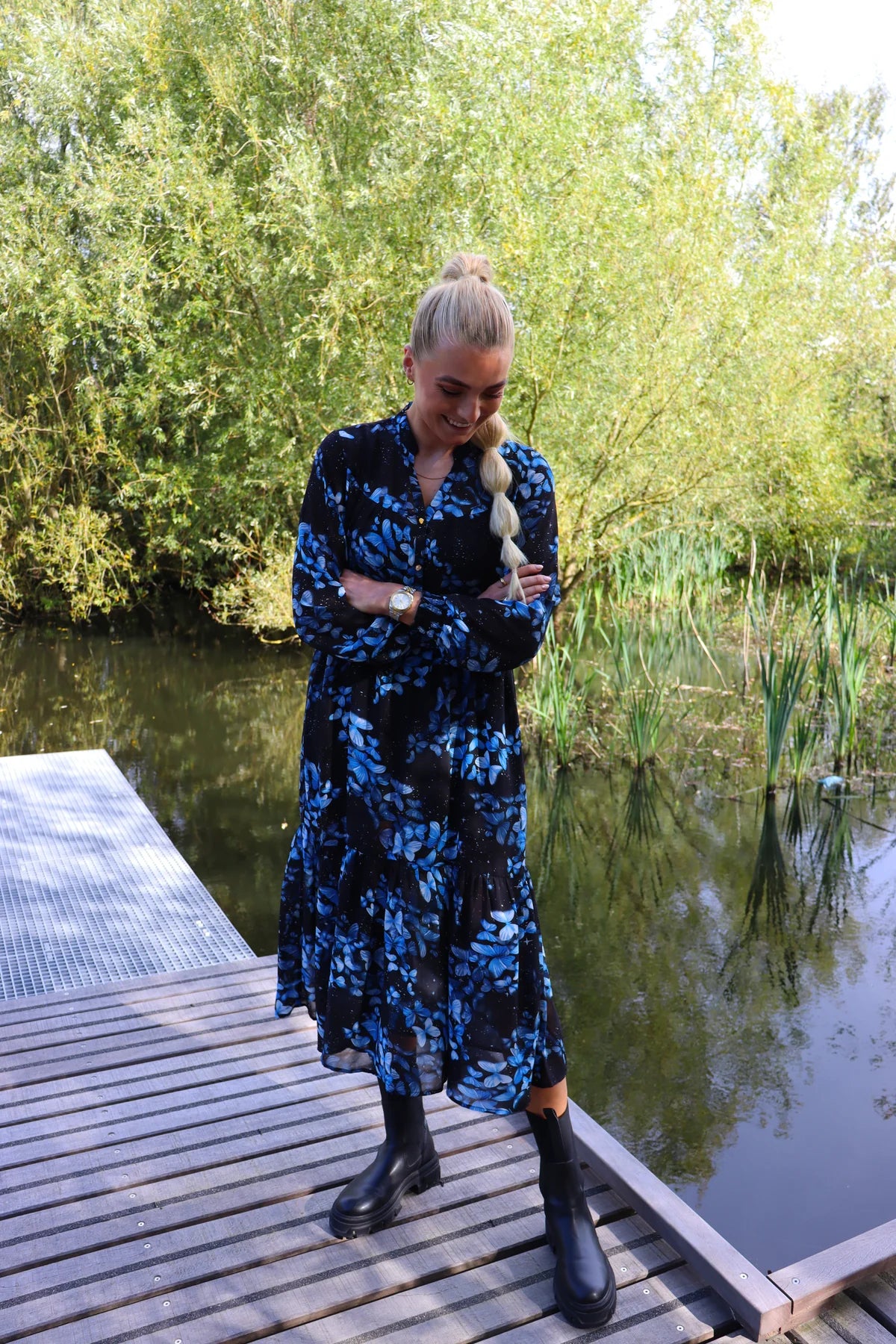 MAG-LS-VNECK-DRESS - BLACK BLUE BUTTERFLY