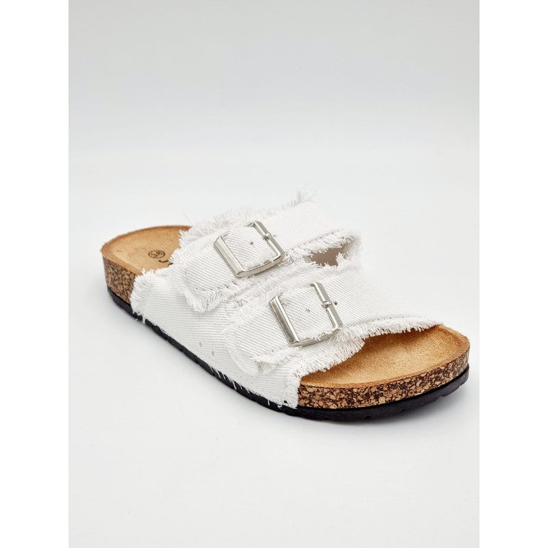 Slippers med spænder og rå kanter. Hvid