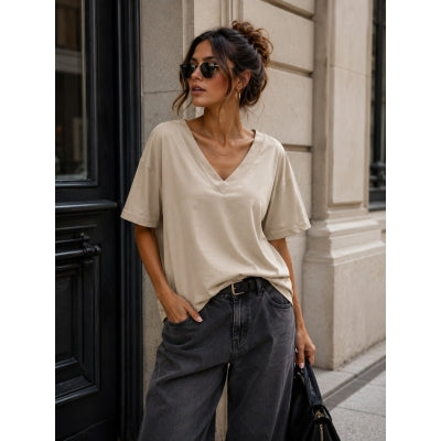 9425 Qnuz T-Shirt w V-Neck sand /brun
