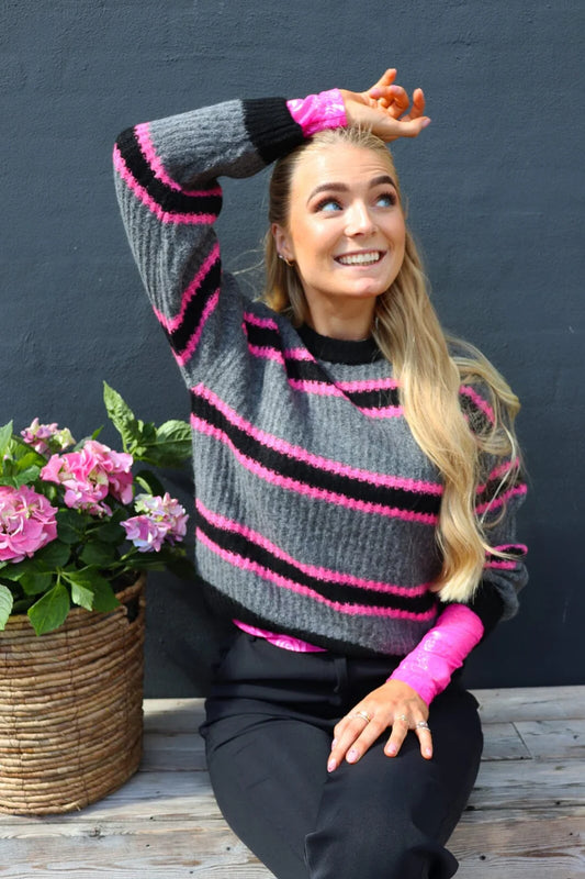 Fro-Pullover  Darkgrey Black Pink Stripe