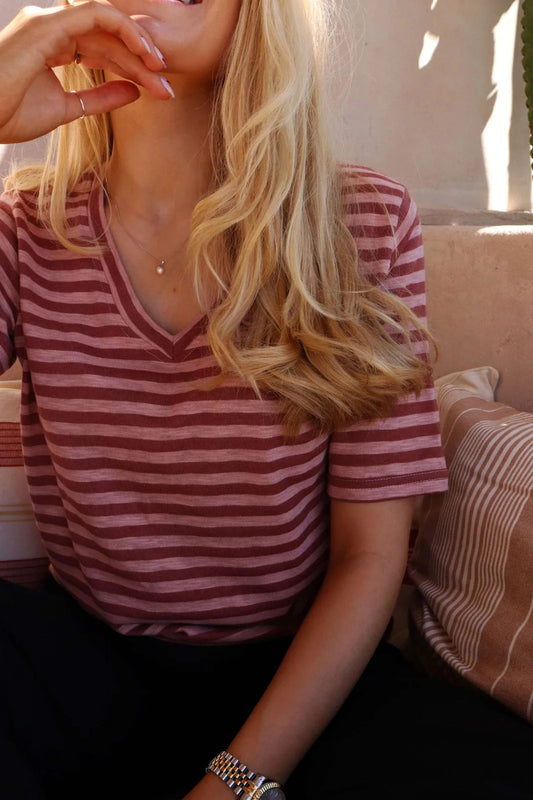 21674 ULLA-SS-VNECK-STRIPE-TSHIRT rosa