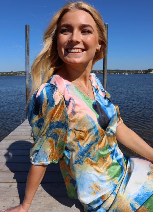 pam blouse-BLUE GOLD MARBLE